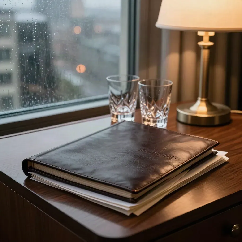 Carpeta de socios de cuero, copas vacías y lámpara baja junto a una ventana con lluvia.