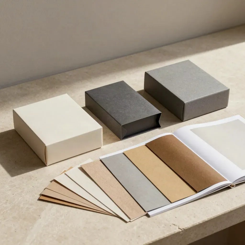Tres prototipos de packaging y muestras de papel sobre piedra, con luz limpia y acento dorado.