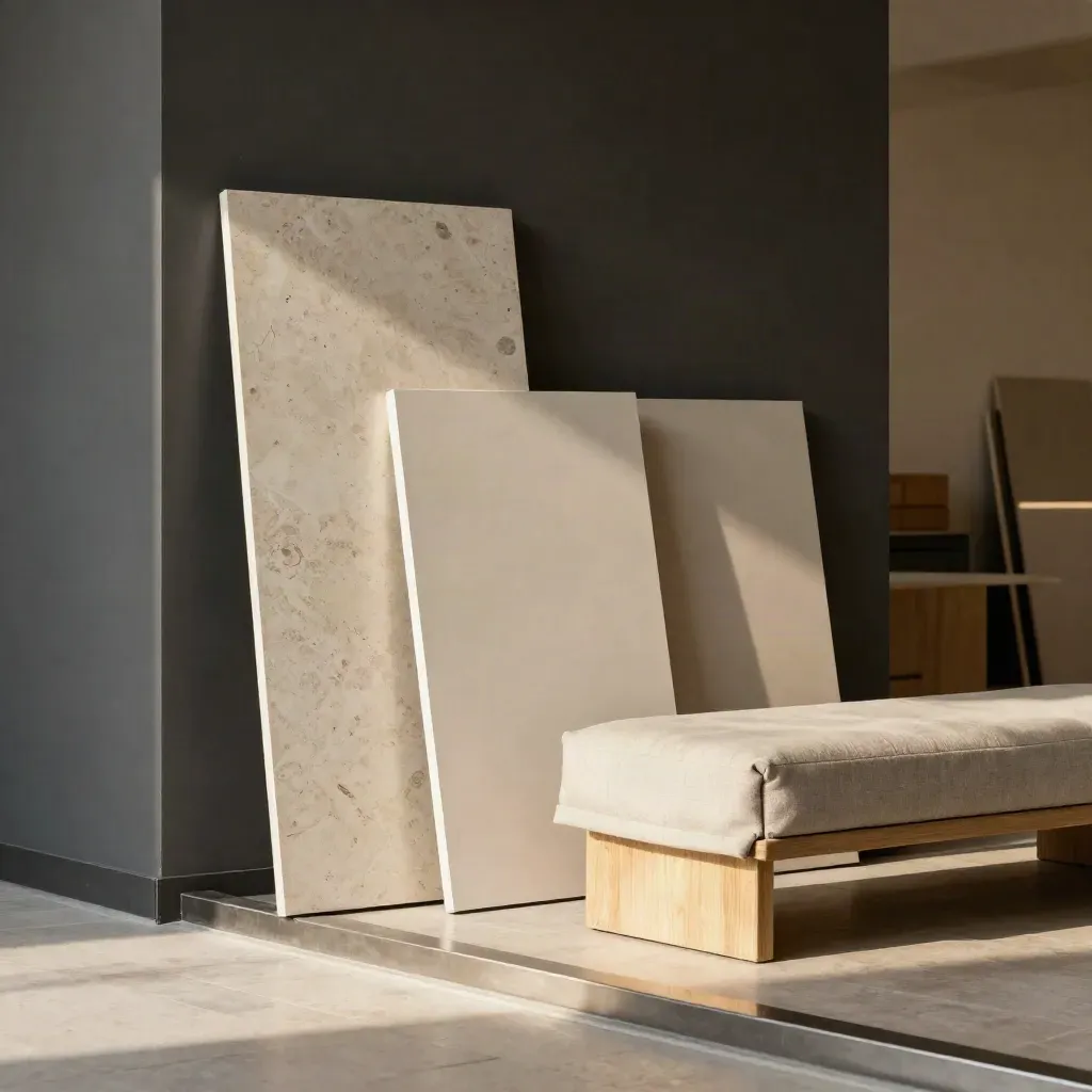 Rincón de showroom con paneles de material, muestra neutra de pintura y banco cubierto en tarde cálida.