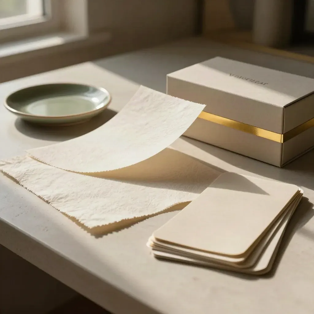 Materiales de marca sobre banco de obra, con papel texturizado, cerámica y caja sin sello.