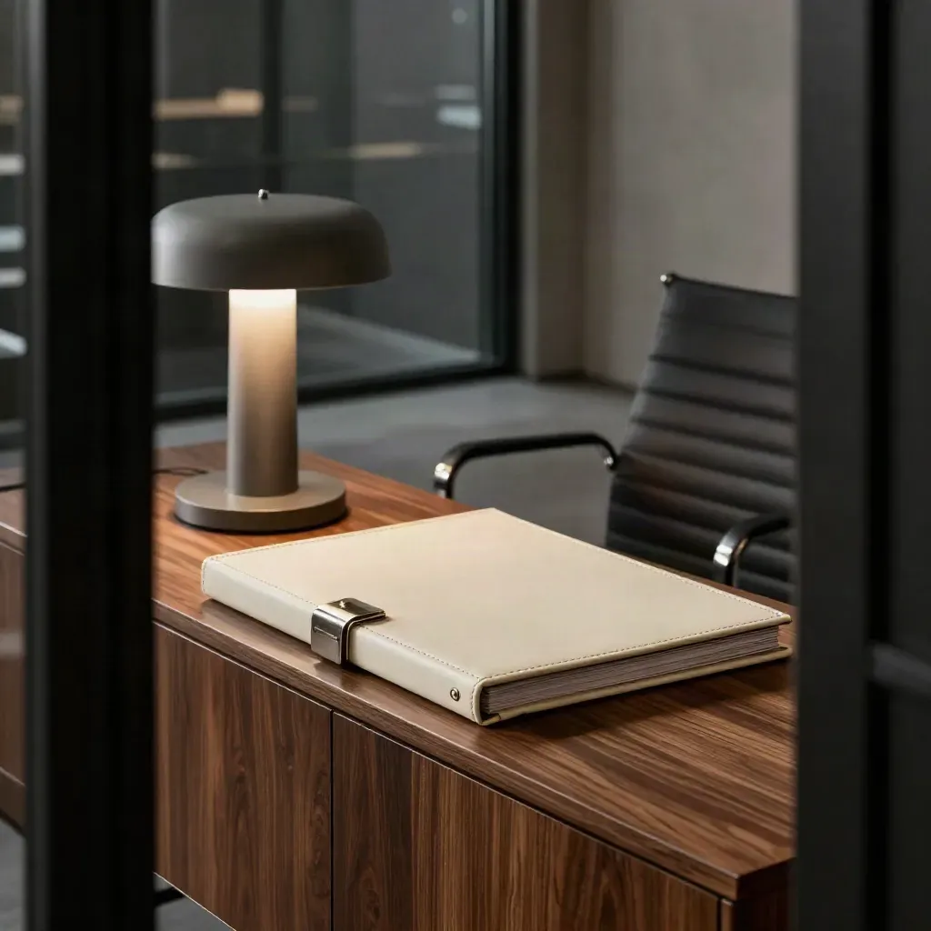Carpeta cerrada, lámpara de sobremesa y silla vacía en oficina nocturna con reflejos urbanos.