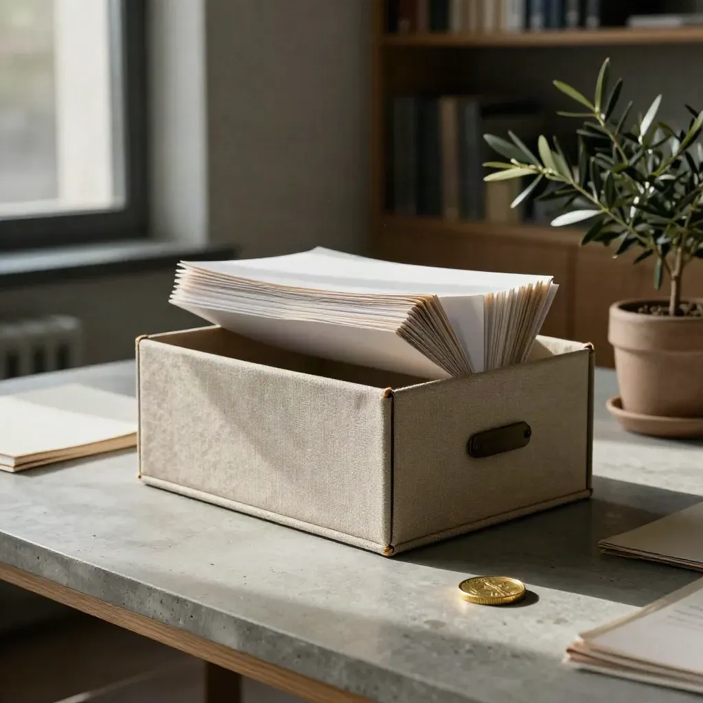 Caja de archivo abierta, moneda de latón, papeles de algodón y planta pequeña en mesa de hormigón.