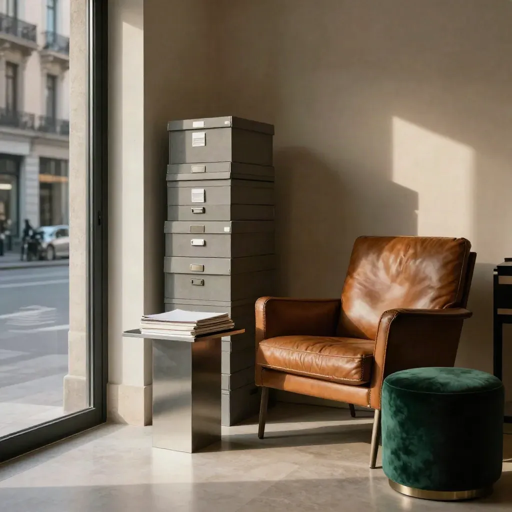 Rincón madrileño con butaca de piel, archivadores neutros y reflejos urbanos en vidrio.