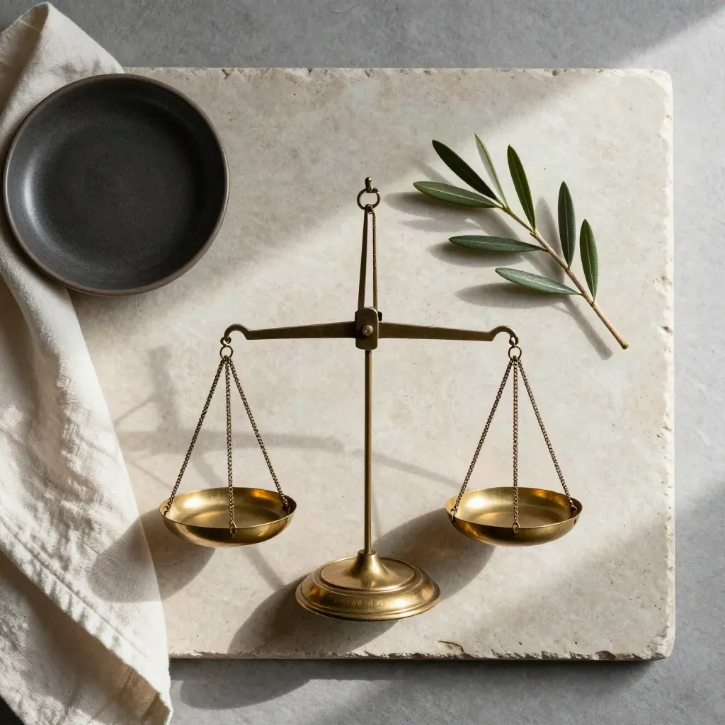 Balanza de latón con olivo, tela marfil y plato cerámico sobre piedra clara.