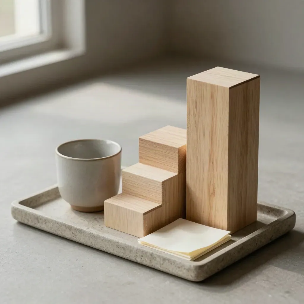 Bloques de madera, taza mate y papel doblado sobre bandeja de piedra con luz suave.