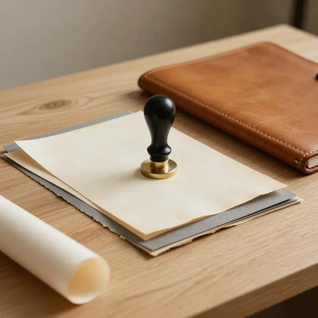 Sello de lacre negro, muestras de papel texturizado y carpeta de piel sobre roble claro.