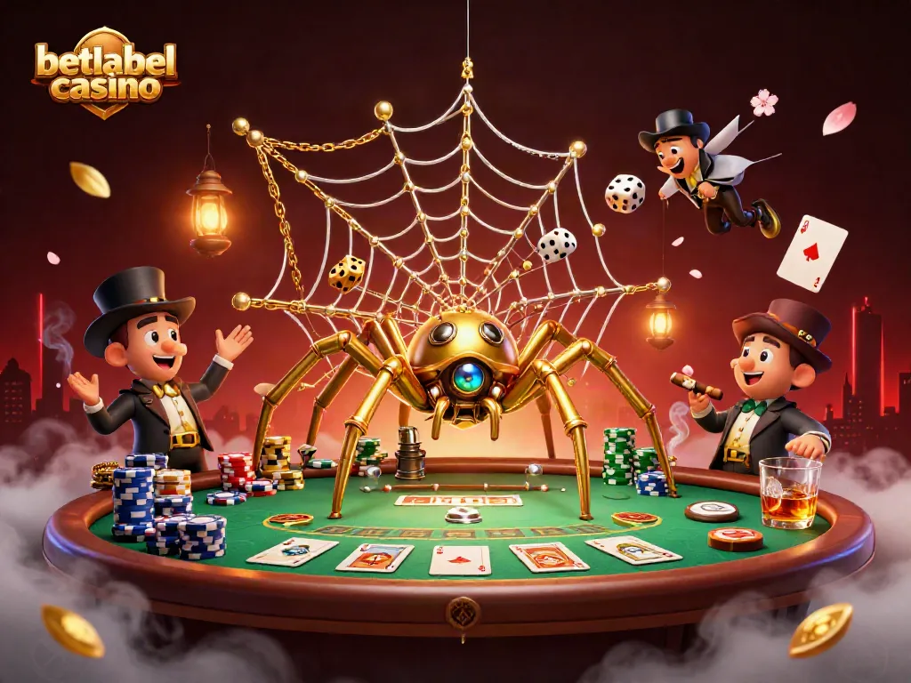 Engage with betlabelcasino's 3D vibrant casino scene featuring a whimsical steampunk spider and dynamic poker elements.